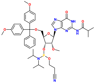 (image for) MC082303 5'-O-(4,4-Dimethoxytrityl)-2'-O-methyl-N-isobutyrylguanosine-3'-(2-cyanoethyl-N,N-diisopropyl)phosphoramidite